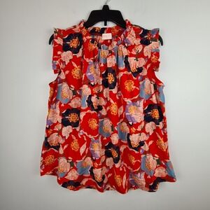 Hailey & Co Women's Floral Print Ruffle Neck Blouse Medium Sleeveless Top Red